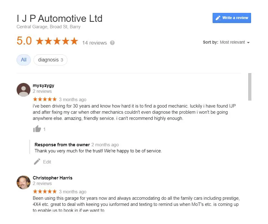 IJP Automotive Google My Business 5 Star Reviews